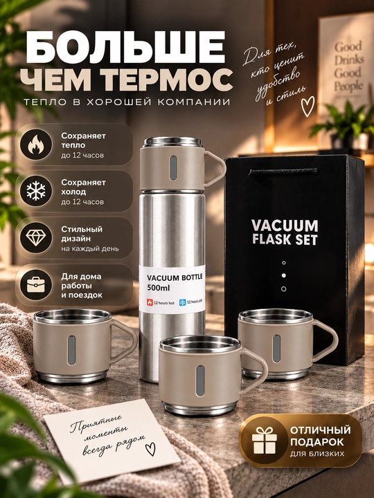 Термос-термокружка для напитков, подарочный набор с 3 чашками, 500 мл