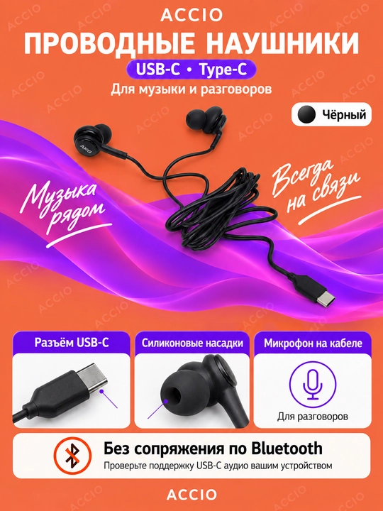 Проводные вакуумные наушники Type-C (USB-C) с микрофоном - 