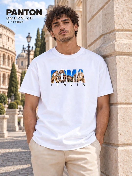 PANTON Roma Italia printli oq oversize uniseks futbolka, 100% paxta - 