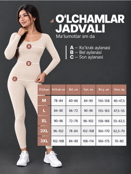 Ayollar qishki termal ichki kiyim, sport va sayr uchun issiq 2 tasi 1 da to‘plam