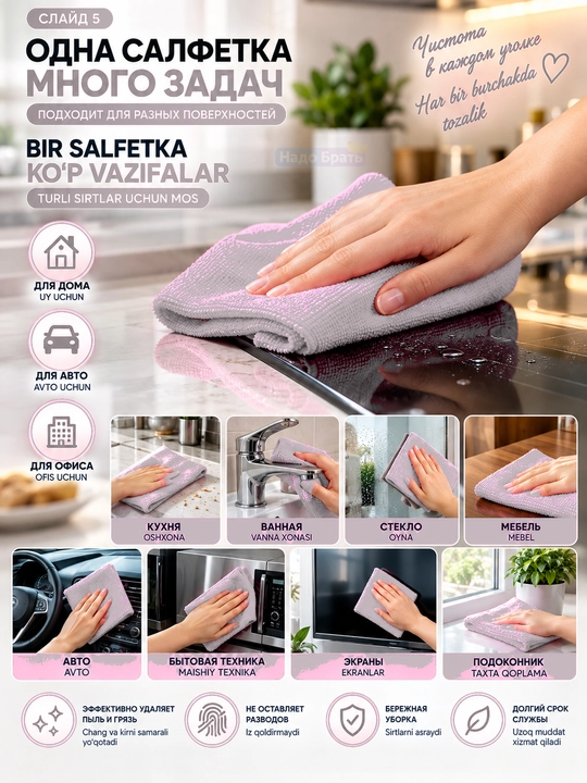 Салфетки из микрофибры для уборки 20×20 см, набор 20 шт