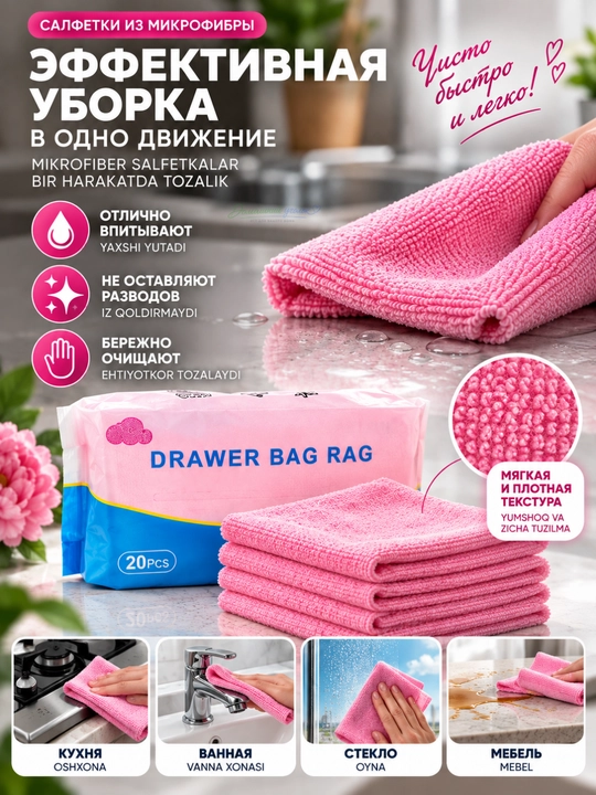 Микрофибровые салфетки для уборки дома 20×20 см, 20 шт