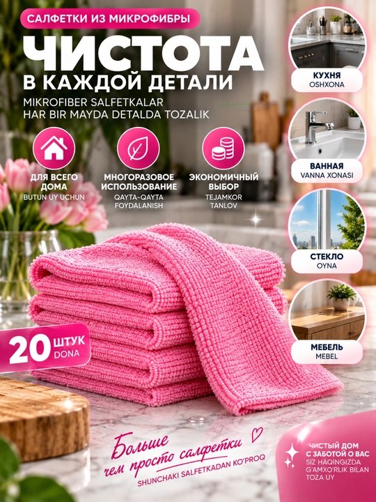 Микрофибровые салфетки для уборки дома 20×20 см, 20 шт