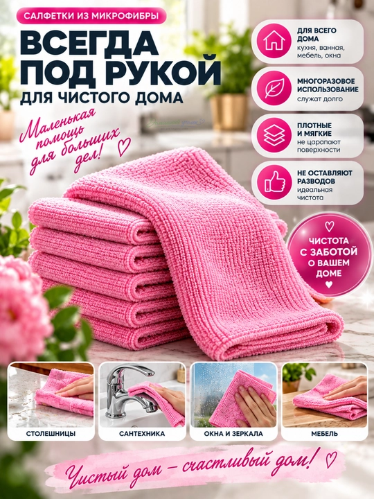 Микрофибровые салфетки для уборки дома 20×20 см, 20 шт
