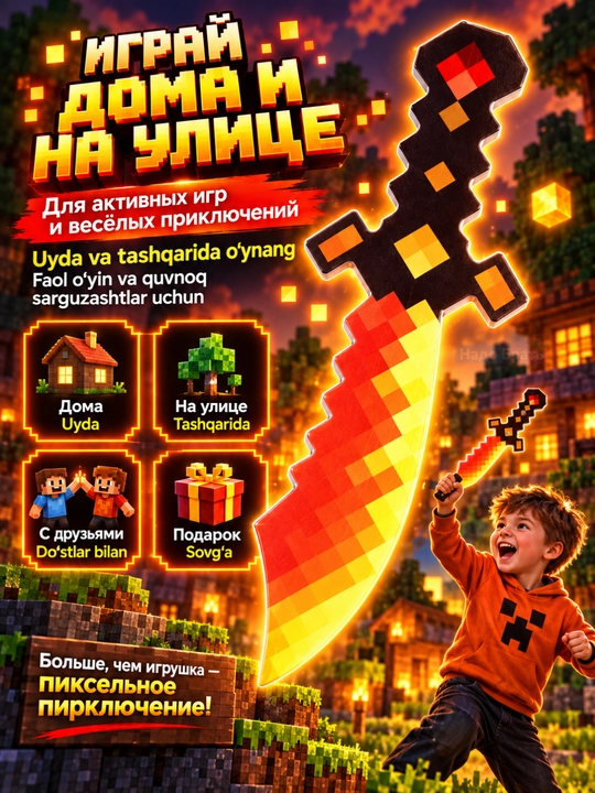 Пиксельный меч детский Square World со светом и звуком, игровое оружие, 3+