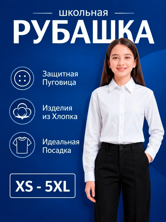 Школьная блузка для девочек, 100% хлопок, длинный рукав, защитная пуговица на груди, ХБ - 
