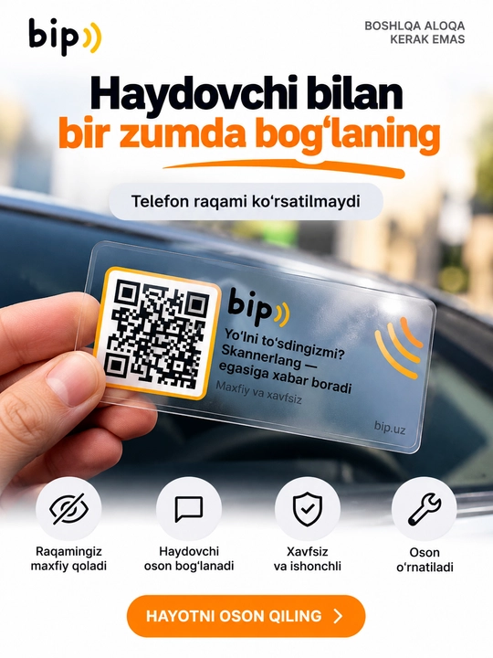 Avtovizitka QR kodli stiker oynaga parkovka uchun telefon raqamisiz aloqa bip
