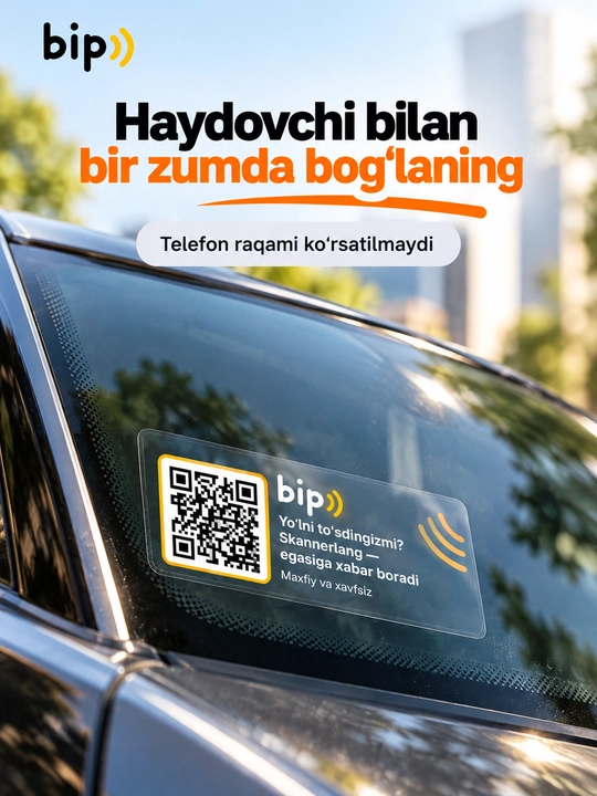 Avtovizitka QR kodli stiker oynaga parkovka uchun telefon raqamisiz aloqa bip