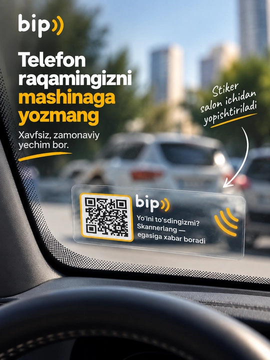 Avtovizitka QR kodli stiker oynaga parkovka uchun telefon raqamisiz aloqa bip