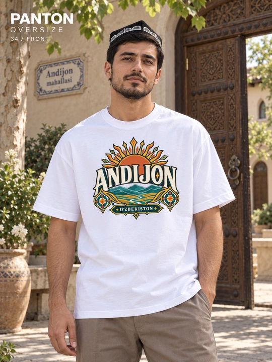 PANTON ANDIJON printli oq oversize uniseks futbolka, 100% paxta - 