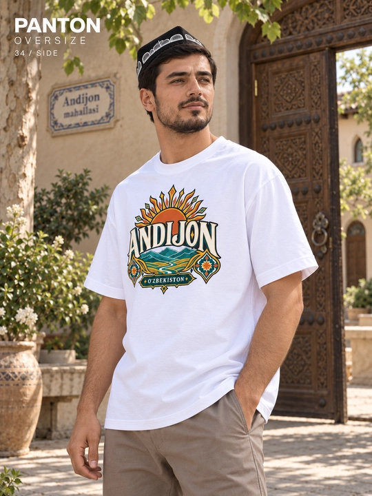 PANTON ANDIJON printli oq oversize uniseks futbolka, 100% paxta