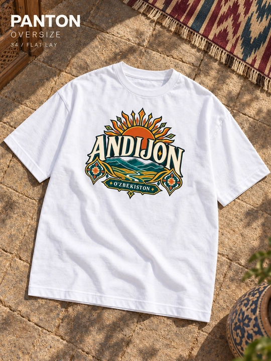 PANTON ANDIJON printli oq oversize uniseks futbolka, 100% paxta