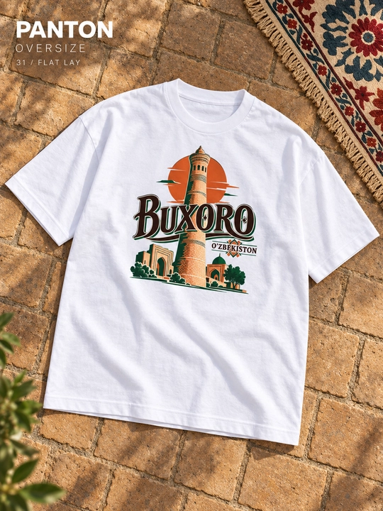 PANTON BUXORO unisex katta o‘lchamli futbolkasi, oq, paxtadan