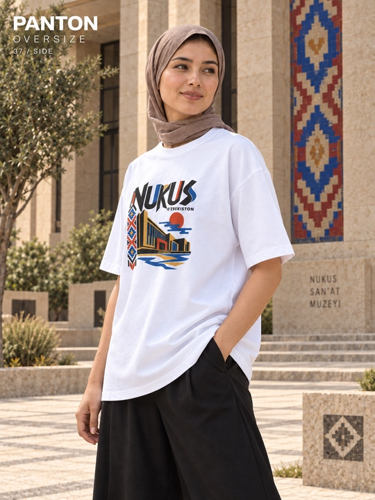 PANTON NUKUS unisex katta o‘lchamli futbolkasi, oq, paxtadan - 