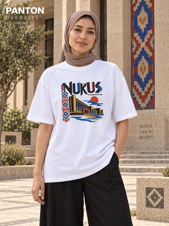 PANTON NUKUS unisex katta o‘lchamli futbolkasi, oq, paxtadan