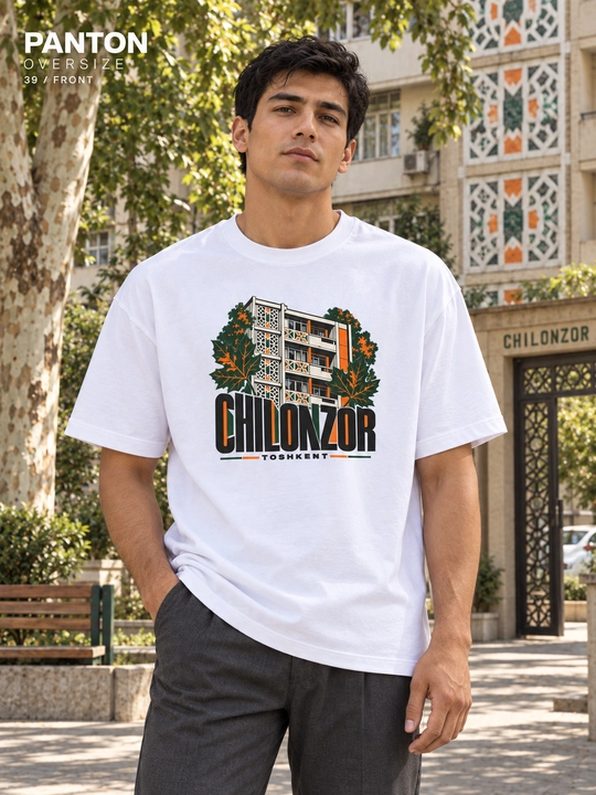 PANTON CHILONZOR unisex katta o‘lchamli futbolkasi, oq, paxtadan - 