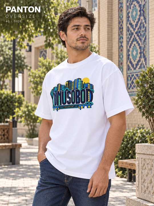 PANTON YUNUSOBOD unisex katta o‘lchamli futbolkasi, oq, paxtadan - 