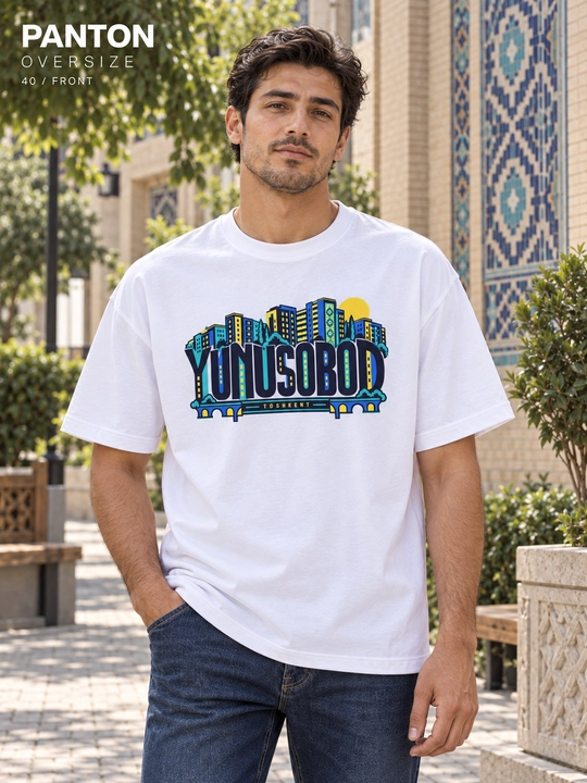 PANTON YUNUSOBOD unisex katta o‘lchamli futbolkasi, oq, paxtadan