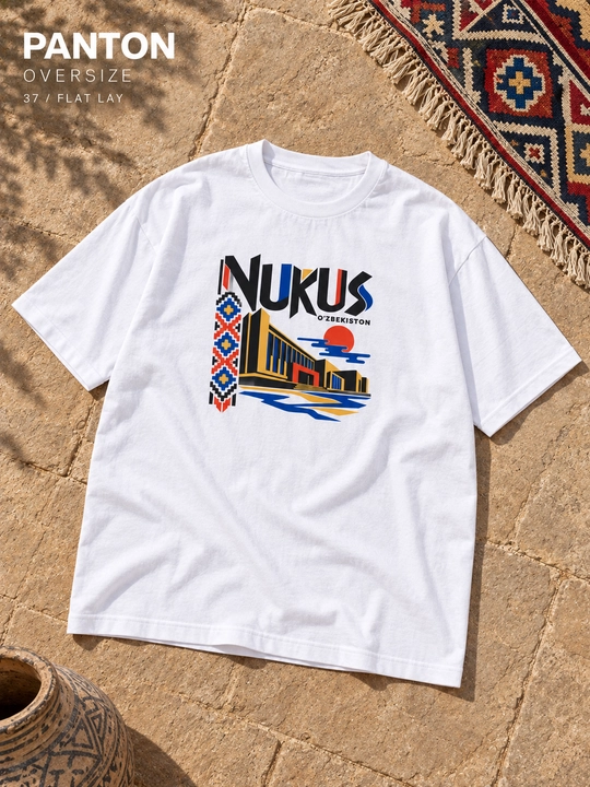 PANTON NUKUS unisex katta o‘lchamli futbolkasi, oq, paxtadan