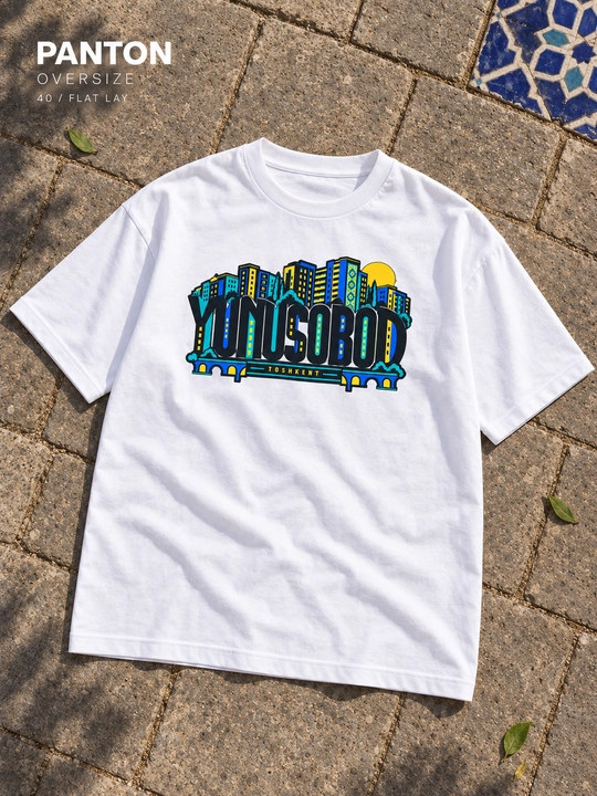 PANTON YUNUSOBOD unisex katta o‘lchamli futbolkasi, oq, paxtadan