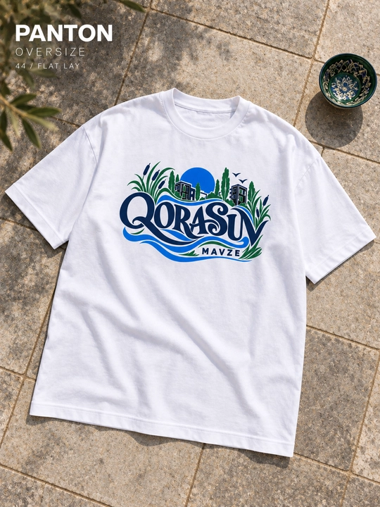 PANTON QORASUV printli oq oversize uniseks futbolka, 100% paxta