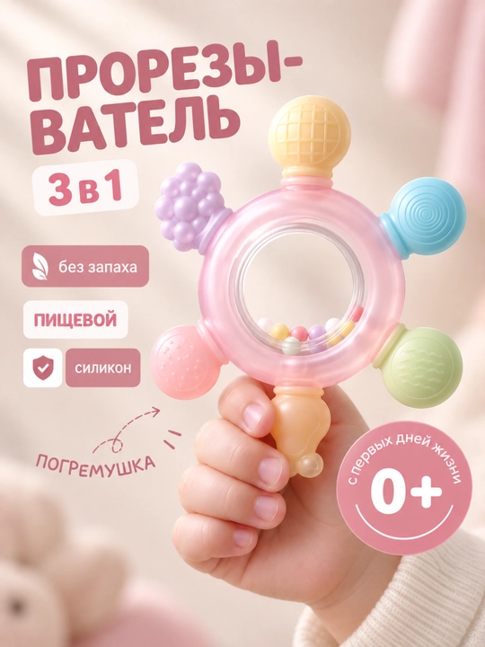 Прорезыватель силиконовый для детей, 3+ месяца, безопасный - 