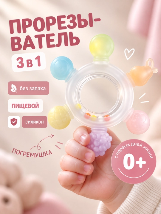 Прорезыватель силиконовый для детей, 3+ месяца, безопасный - 