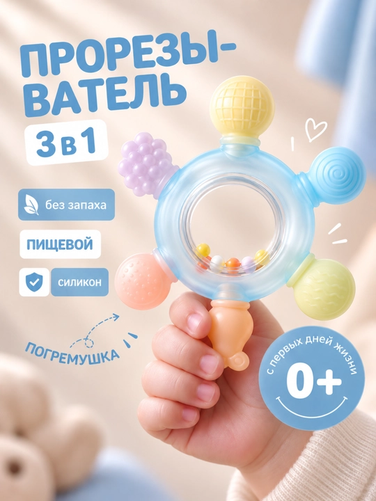 Прорезыватель силиконовый для детей, 3+ месяца, безопасный - 
