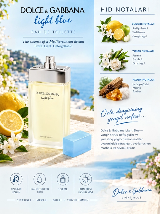 Dolce & Gabbana Light Blue Woman EDT 100 ml — Ayollar Atiri, Sitrusli, Mevali, Gulli