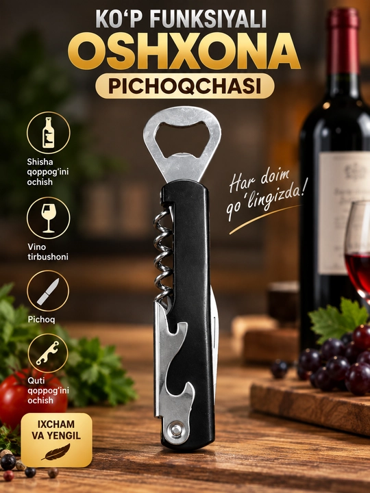 Oshxona pichoqcha, ko‘p funksiyali pichoq, ochgich, butilka ochgich, vino ochgich, shtopor - 