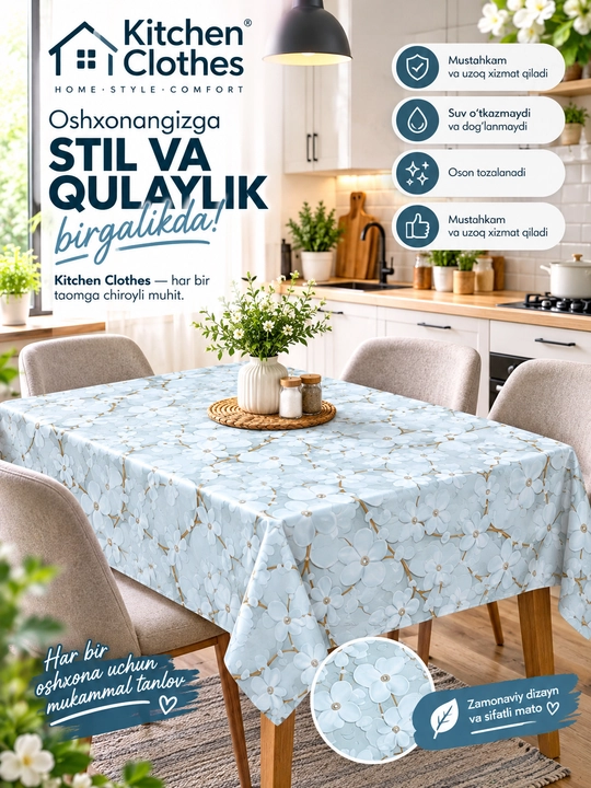 PVX gul naqshli dasturxon 6 hil o'lchamda, kleyonka, oshxona uchun zamonaviy dasturxon - 