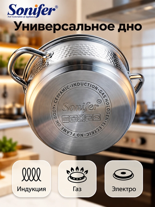 Кастрюля Sonifer из нержавеющей стали с крышкой, для всех видов плит, 4.5–8.5 л
