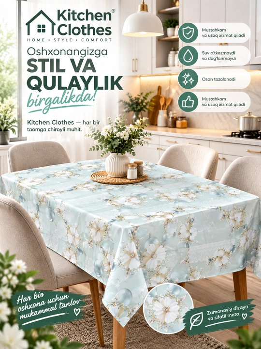 PVX Marvarid gulli dasturxon 7 hil o'lchamda, kleyonka, oshxona uchun zamonaviy dasturxon - 