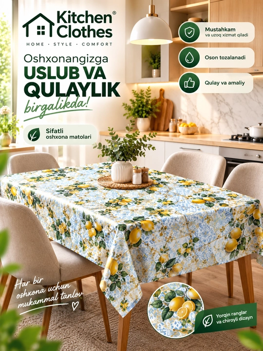 Kleyonka, oshxona uchun limonli naqshli dasturxon PVX dasturxon 5 dan ortiq o'lchamda - 