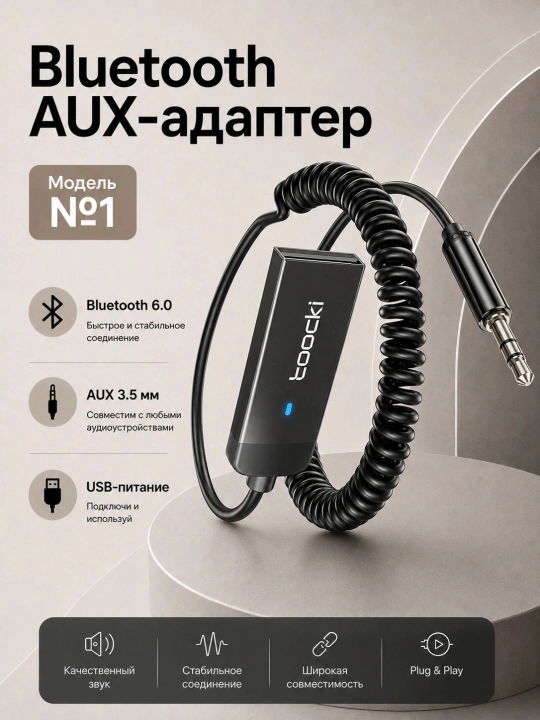 Bluetooth AUX-аудиоадаптер 3,5 мм для автомобиля — чистый звук и стабильное соединение - 