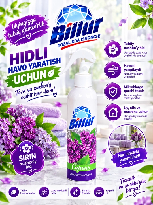 «Billur» Havo Uchun Spray (Oshxona, Uy va Ofis Havo Yangilagichlari) - 