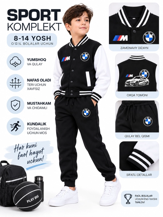 O‘g‘il bolalar sport kostyumi 8–14 yosh, bomberka va shim komplekt