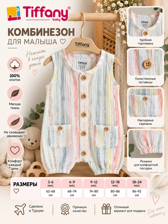 Муслиновый комбинезон Tiffany Baby в пастельную полоску, экрю - 