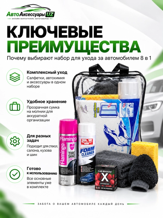 Avtomobil parvarishi uchun 8 in 1 avtokimyo to'plami, tozalagich va salfetka
