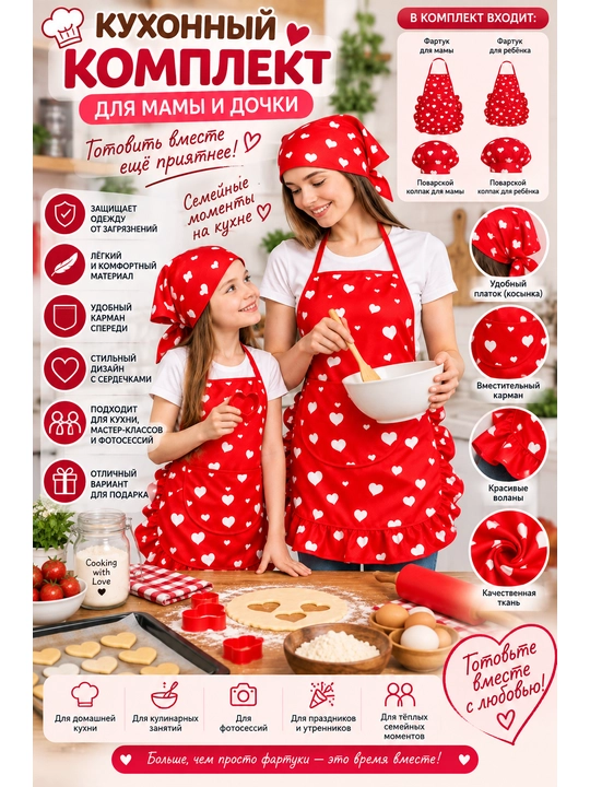 Комплект фартуков и косинок из хорошей ткани для мамы и дочки - 