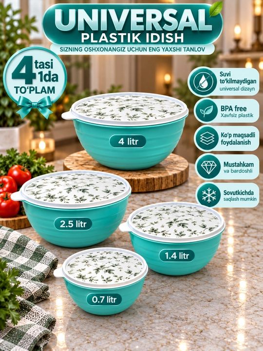 Universal plastik idish qopqoqli 4 tasi 1 da to‘plam va donalab 0.7–4 L - 