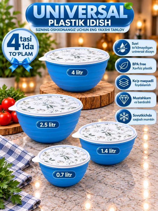 Universal plastik idish qopqoqli 4 tasi 1 da to‘plam va donalab 0.7–4 L - 