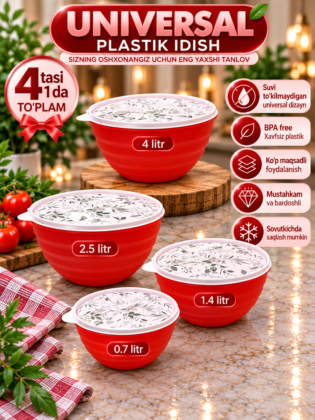 Universal plastik idish qopqoqli 4 tasi 1 da to‘plam va donalab 0.7–4 L - 