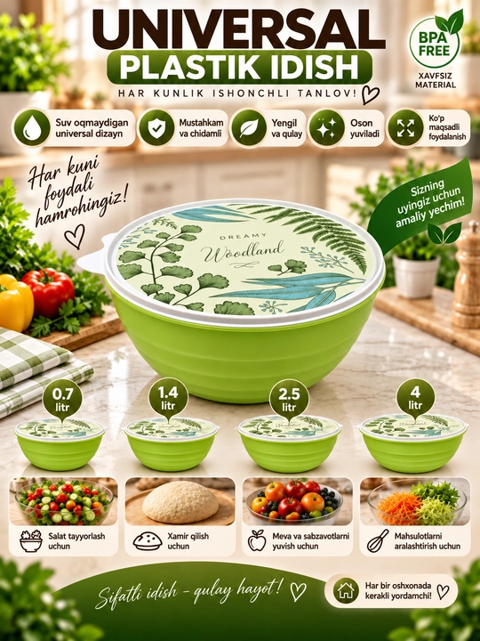 Universal plastik idish qopqoqli 4 tasi 1 da to‘plam va donalab 0.7–4 L
