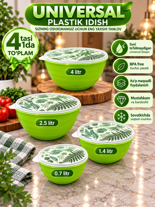 Universal plastik idish qopqoqli 4 tasi 1 da to‘plam va donalab 0.7–4 L - 