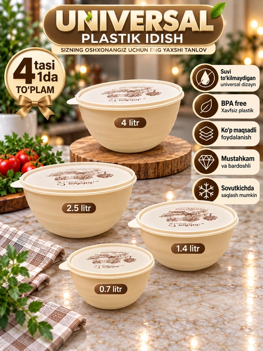 Universal plastik idish qopqoqli 4 tasi 1 da to‘plam va donalab 0.7–4 L - 