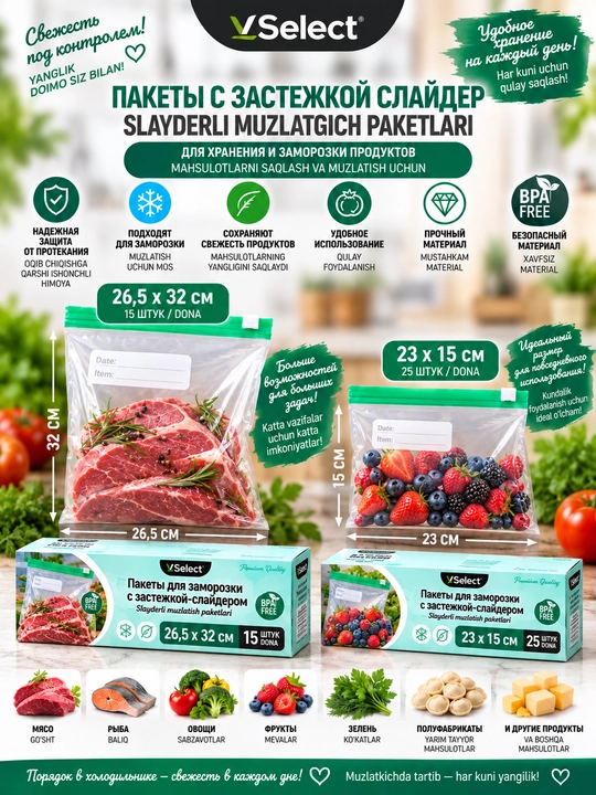 V Select Пакеты для хранения продуктов с застежкой слайдер (Зип-Лок, Zip Lock) - 