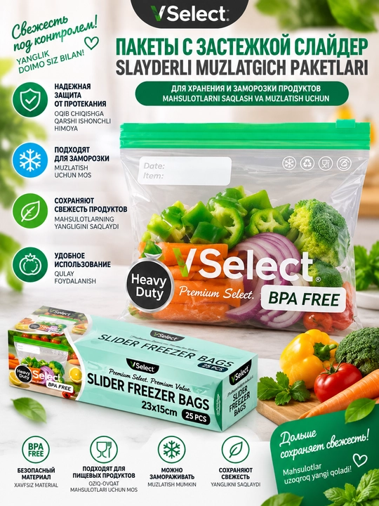 V Select Пакеты для хранения продуктов с застежкой слайдер (Зип-Лок, Zip Lock)