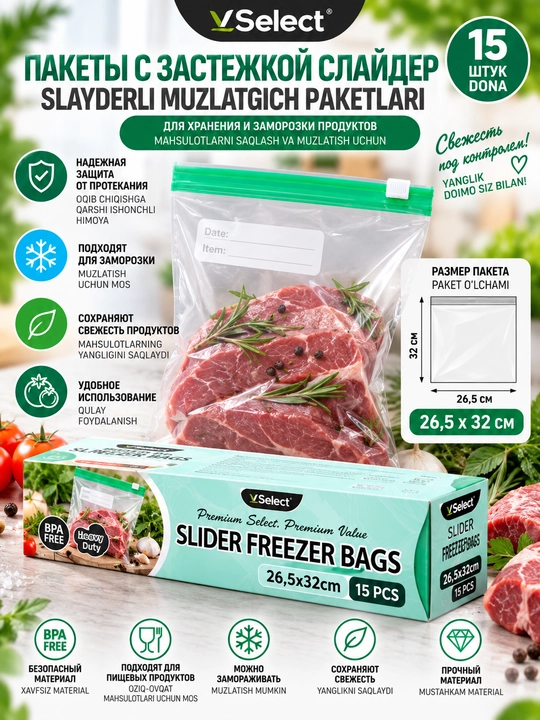 V Select Пакеты для хранения продуктов с застежкой слайдер (Зип-Лок, Zip Lock)