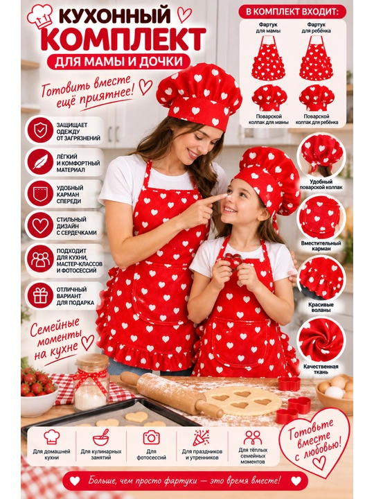 Комплект фартуков и косинок из хорошей ткани для мамы и дочки - 
